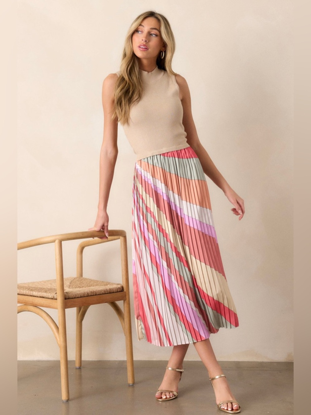 TAUPE MULTI PLEATED MIDI DRESS